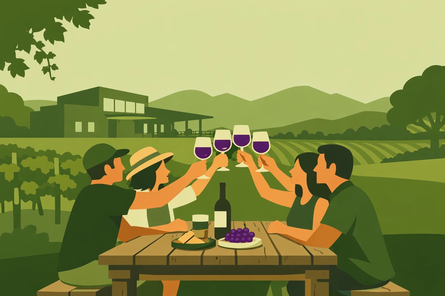 A group of friends celebrating with a wine toast at a scenic winery during a Loudoun wine tour.