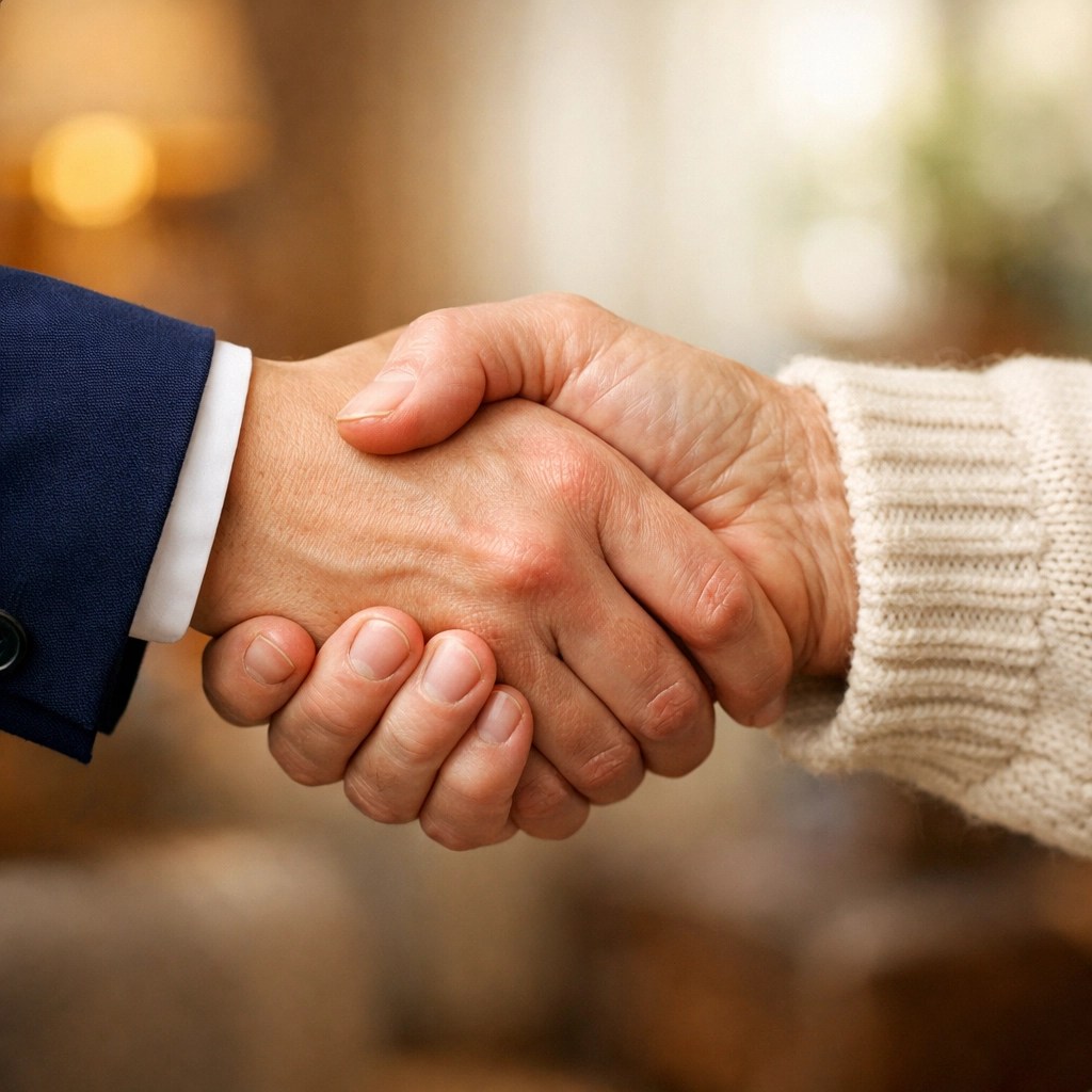 A supportive handshake between a senior and a guide representing personalized Medicare services.