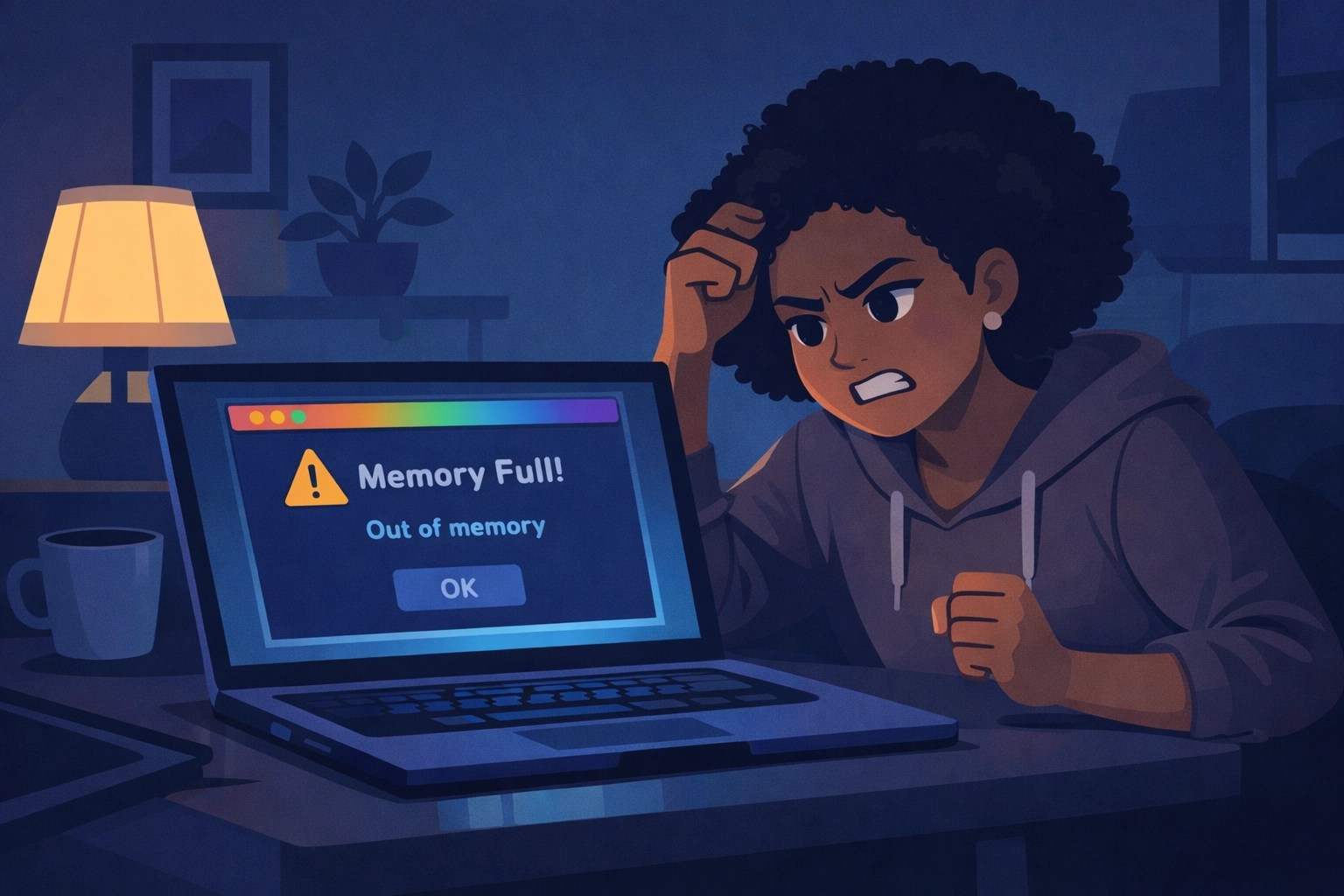 AV professional reacting as her laptop shows a 'Memory Full' error message