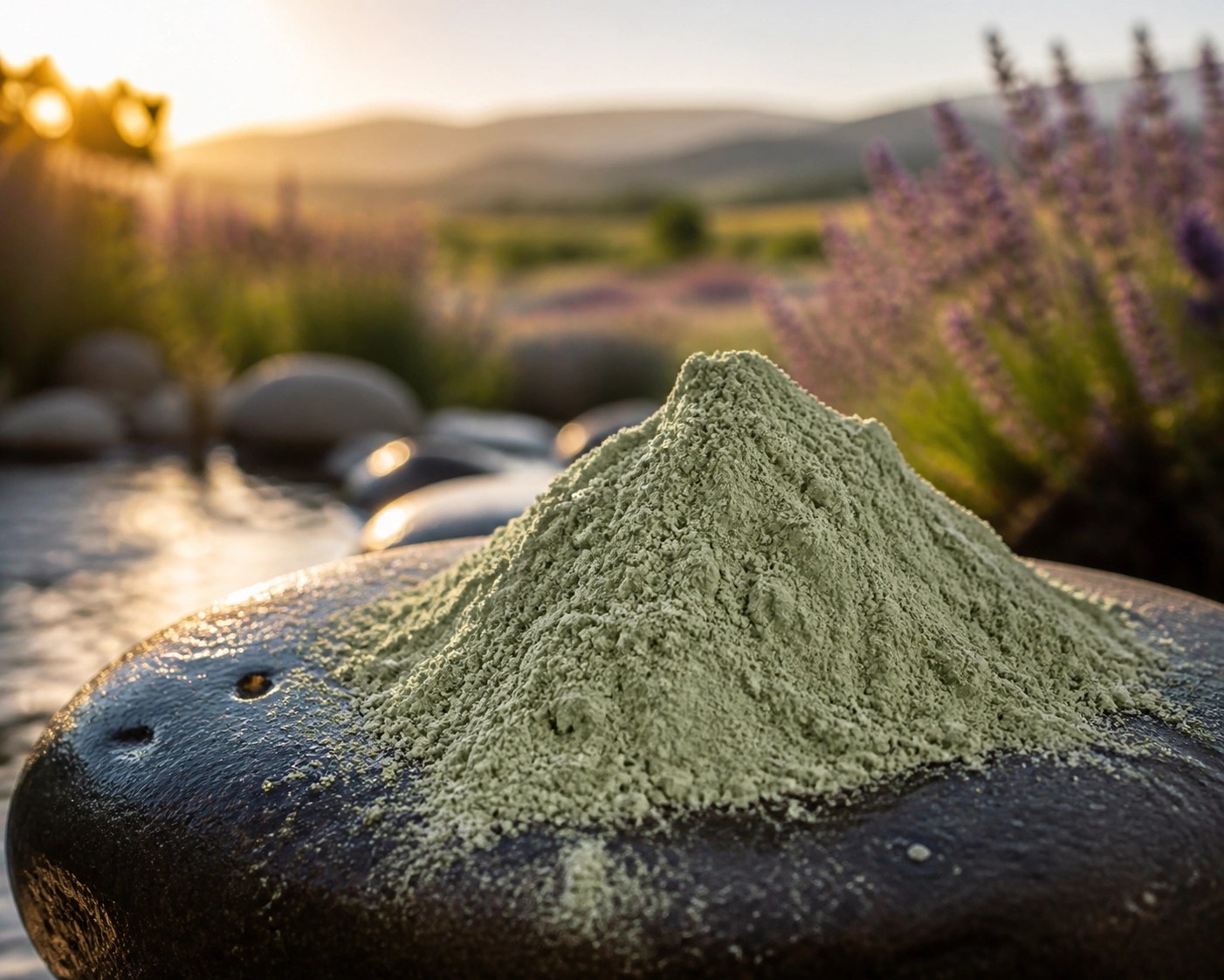 Pure French green clay powder on a volcanic stone, representing high-quality mineral-rich healing sources.