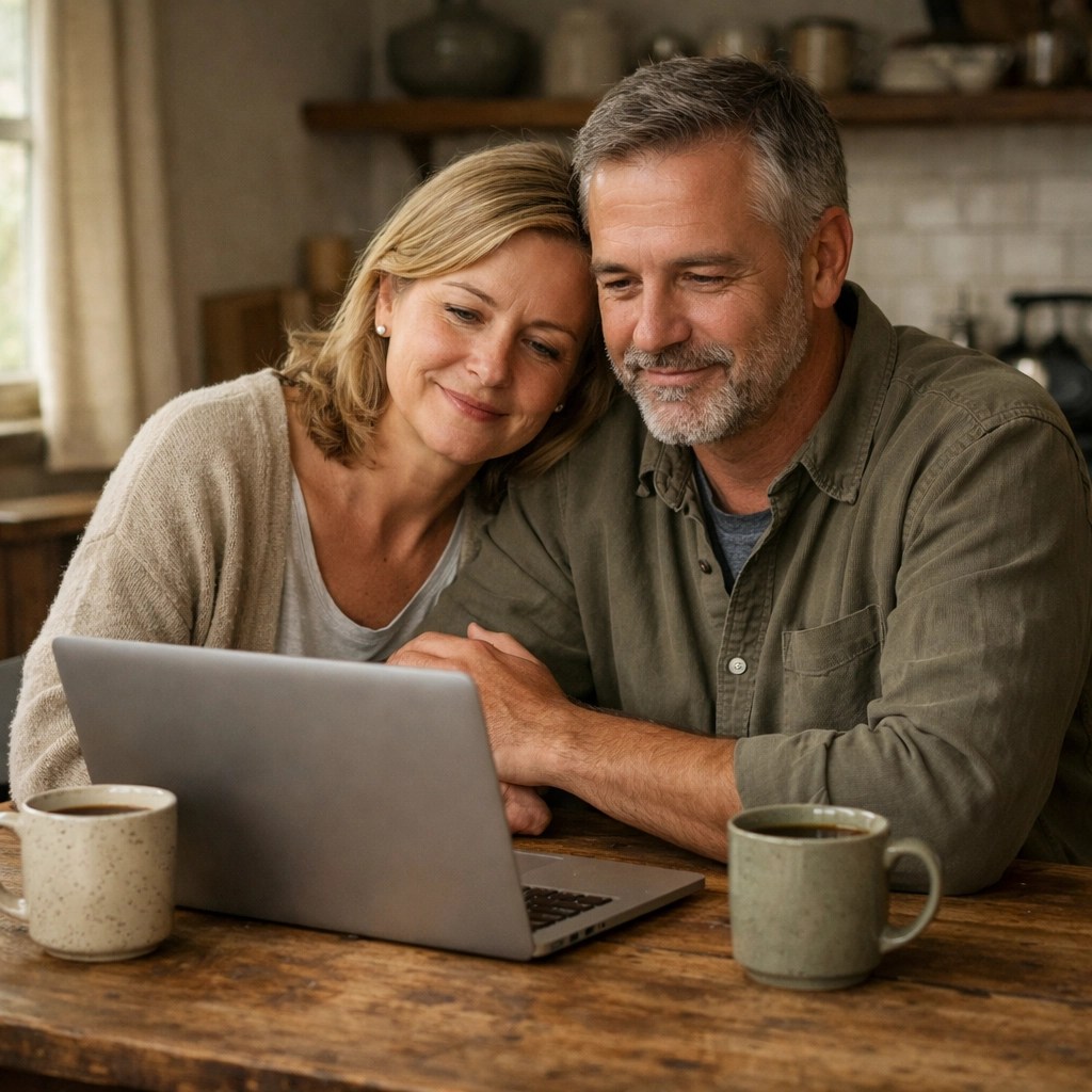 A calm couple reviewing their debt payoff strategy on a laptop at their kitchen table.