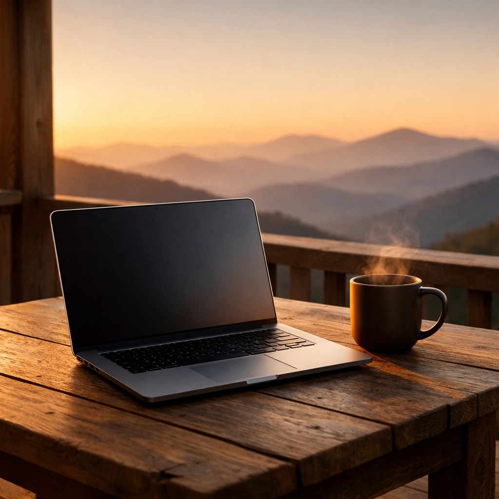 Secure life insurance planning on a laptop overlooking the North Georgia mountains.