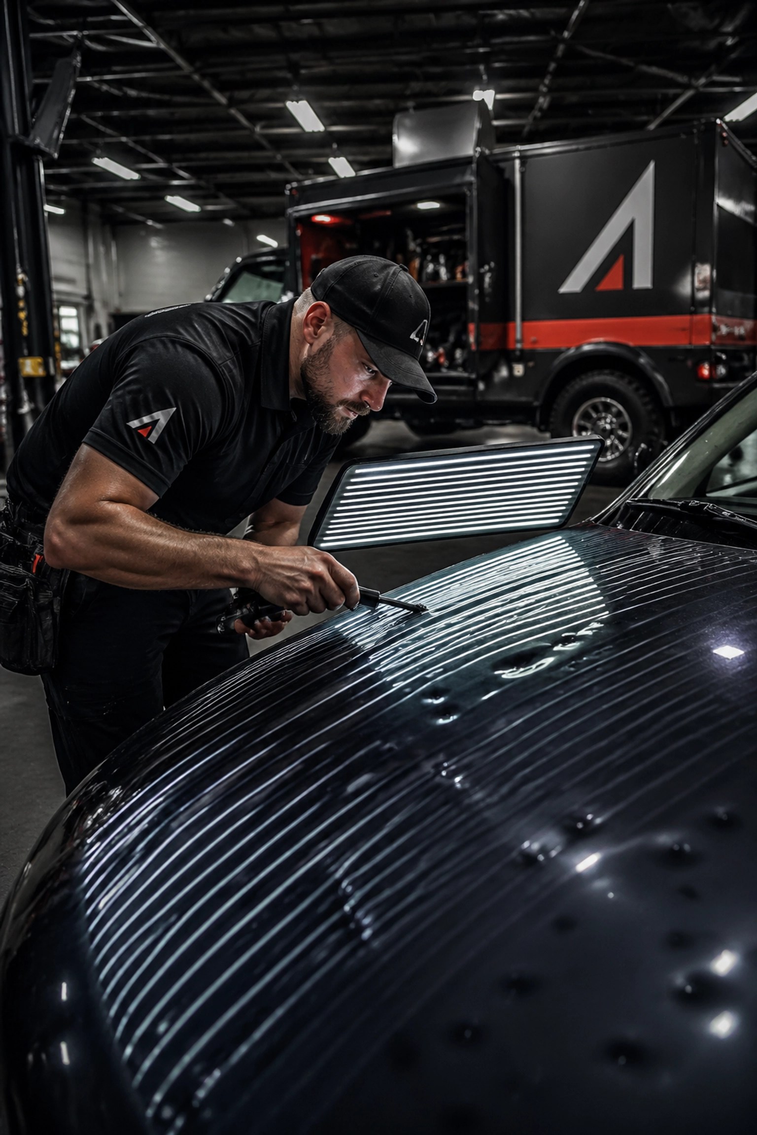 Amaryllis PDR technician using a light board for precision dealership hail damage repair.