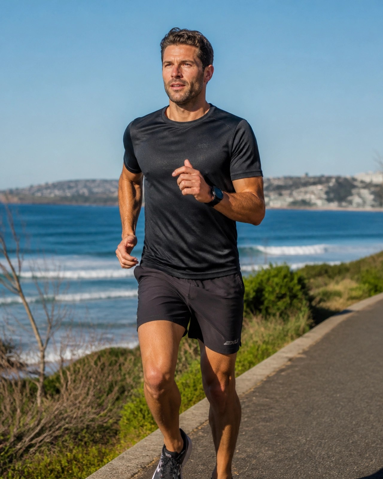 A fit man jogging in a coastal Australian setting, representing health and endurance.