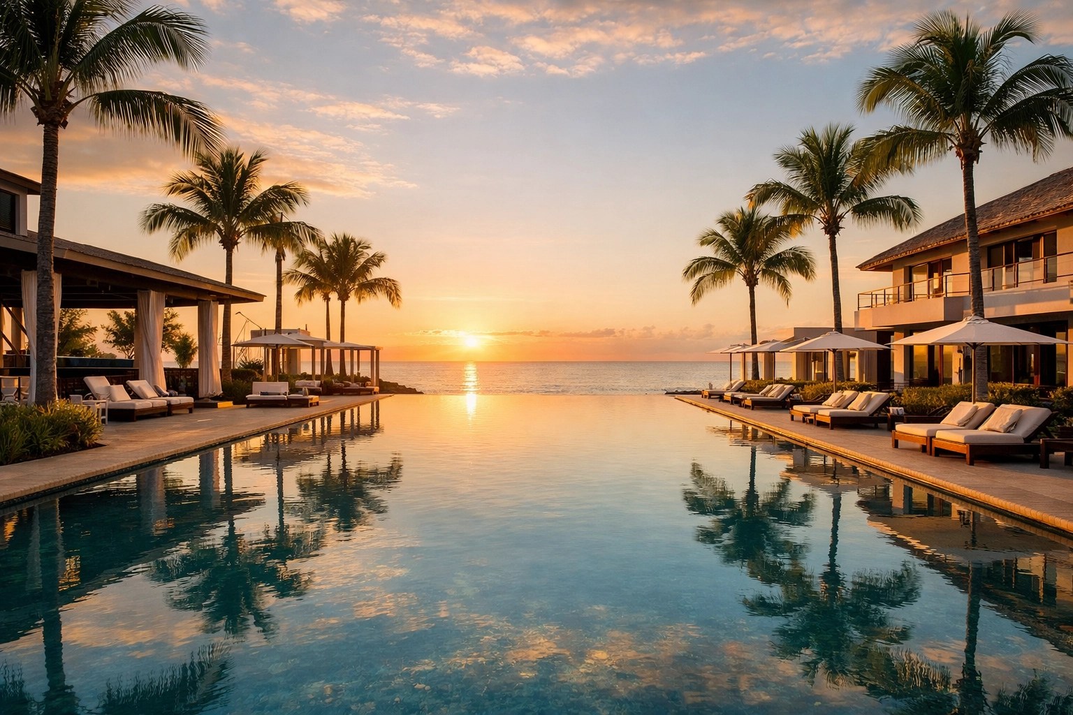 Fresh, stunning oceanfront resort architecture at sunrise with an infinity pool and pristine luxury scenery, no people.