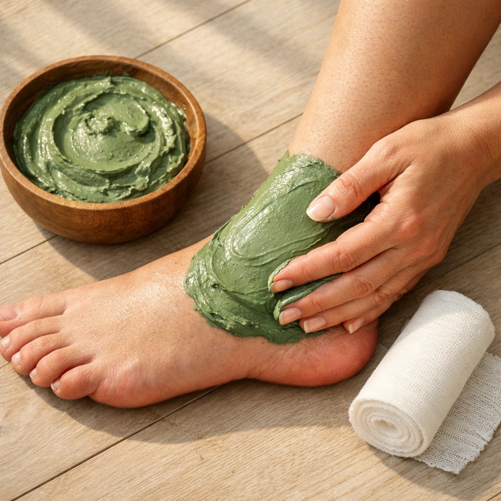 A person applying a thick layer of wet green healing clay to a swollen ankle for effective sports recovery.