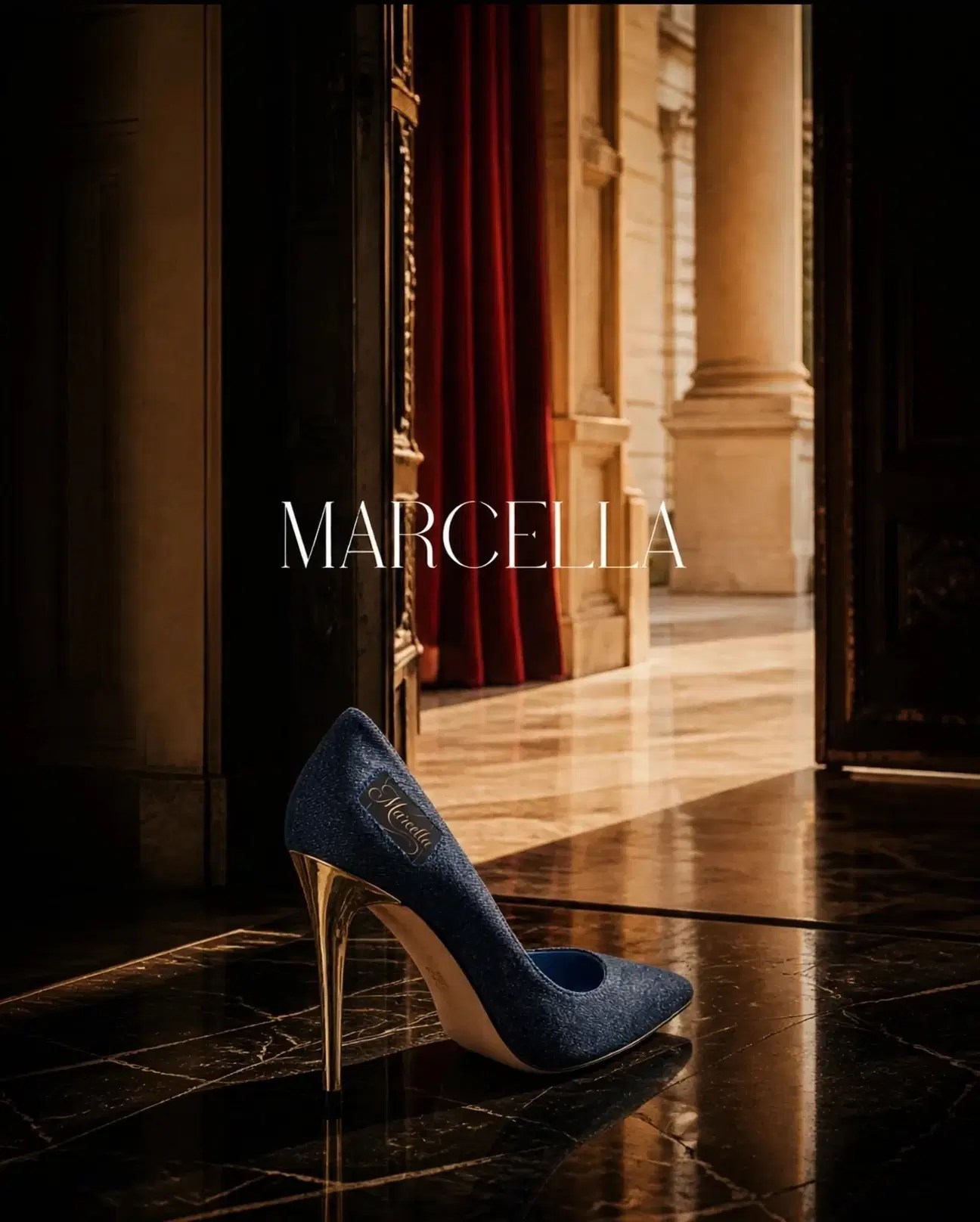 Midnight-blue Marcella stiletto displayed in an Italian villa