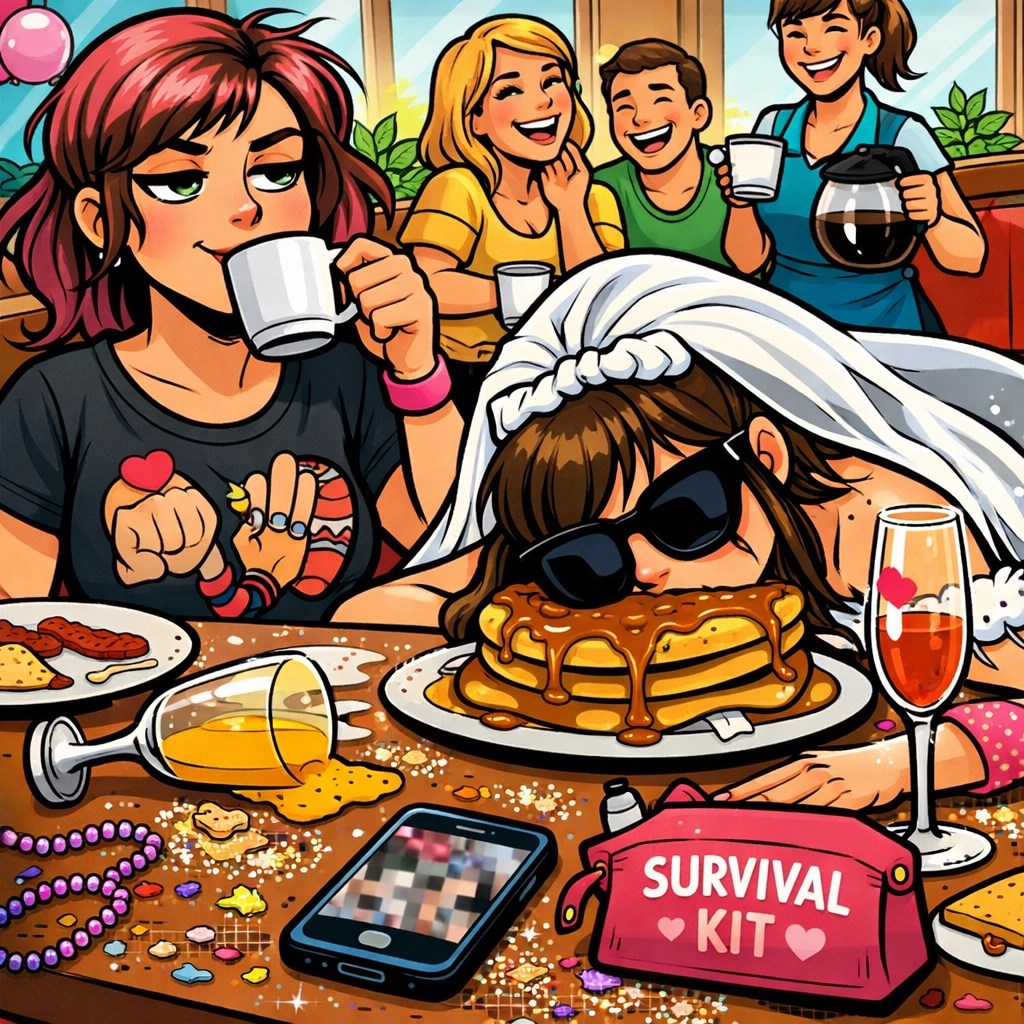 Bridesmaid in a funny bachelorette shirt at a messy hangover brunch with the bride.