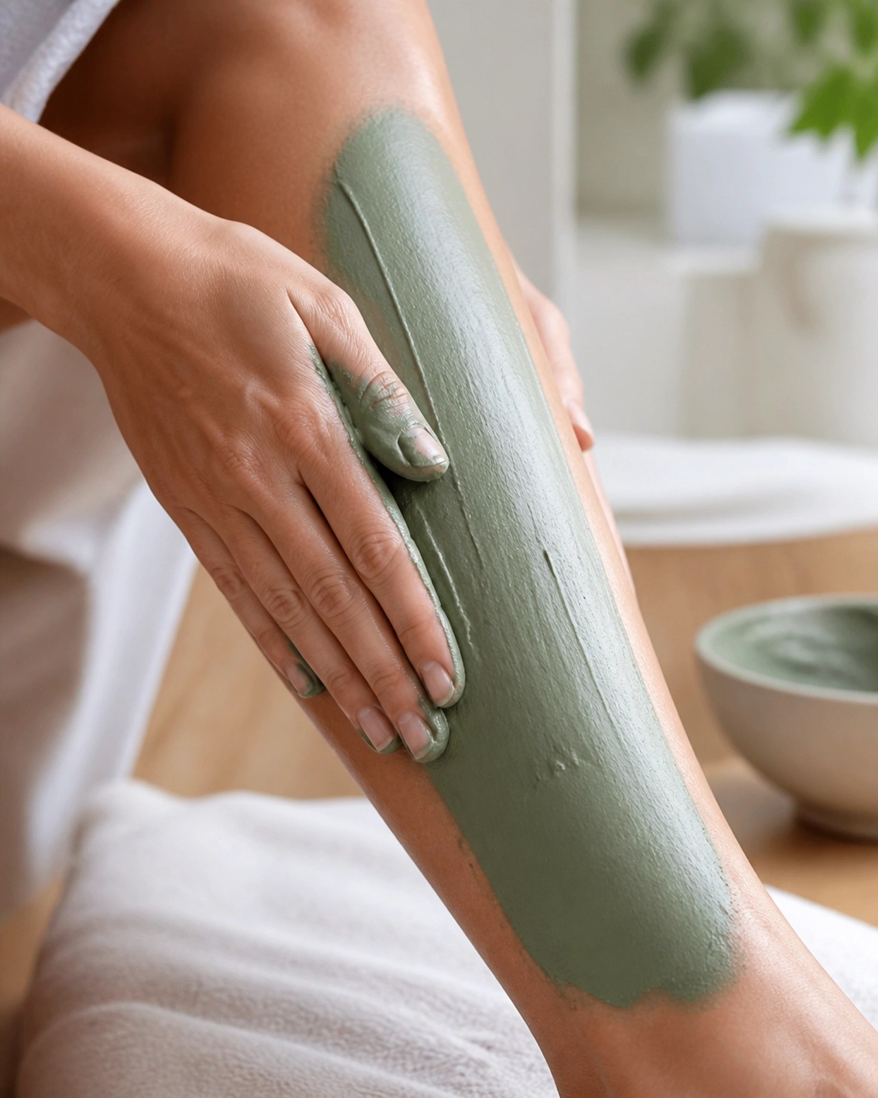 A close-up of green clay being applied to the calf for muscle recovery.