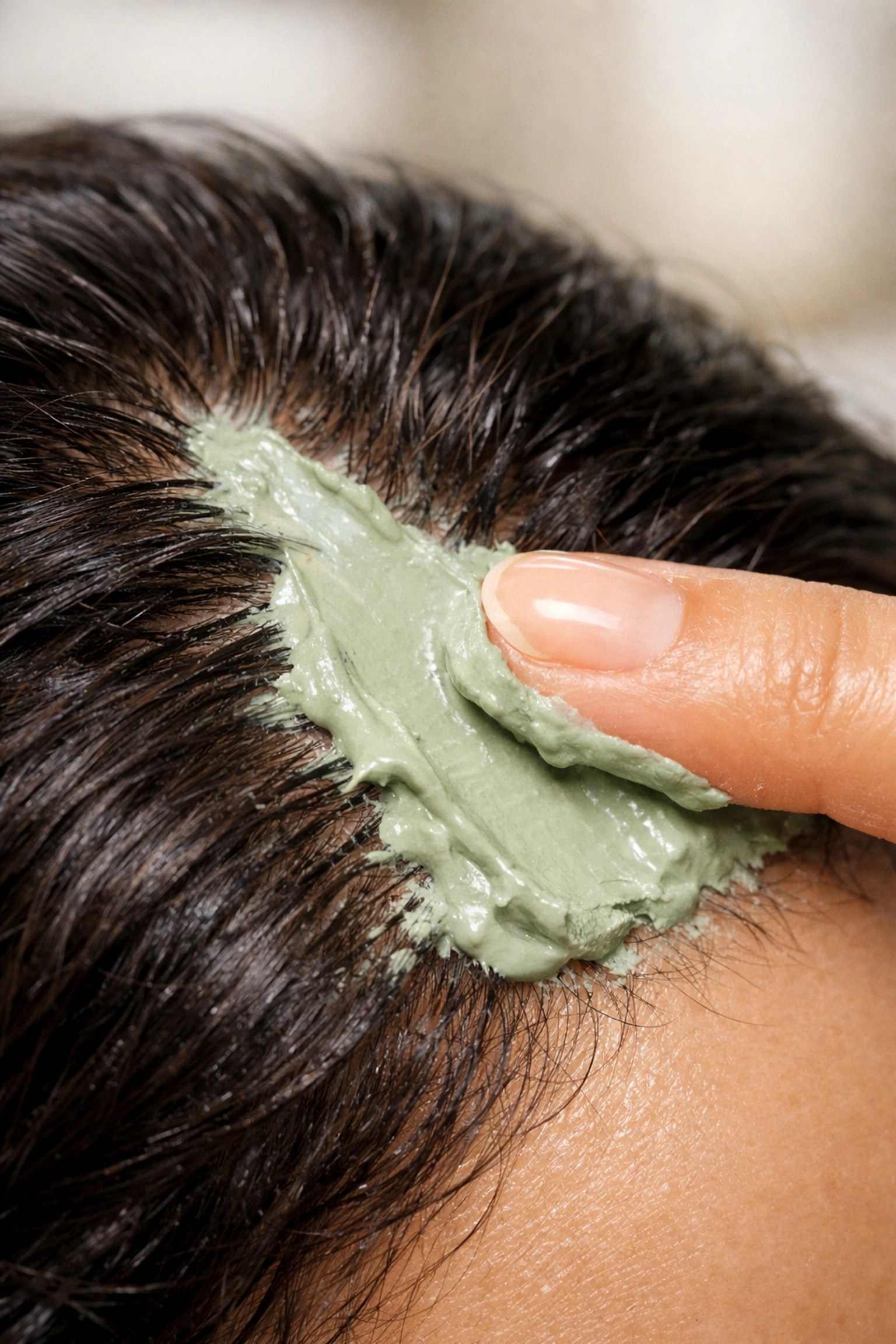 Applying French green clay scalp treatment to stimulate follicles and detoxify thinning hair.