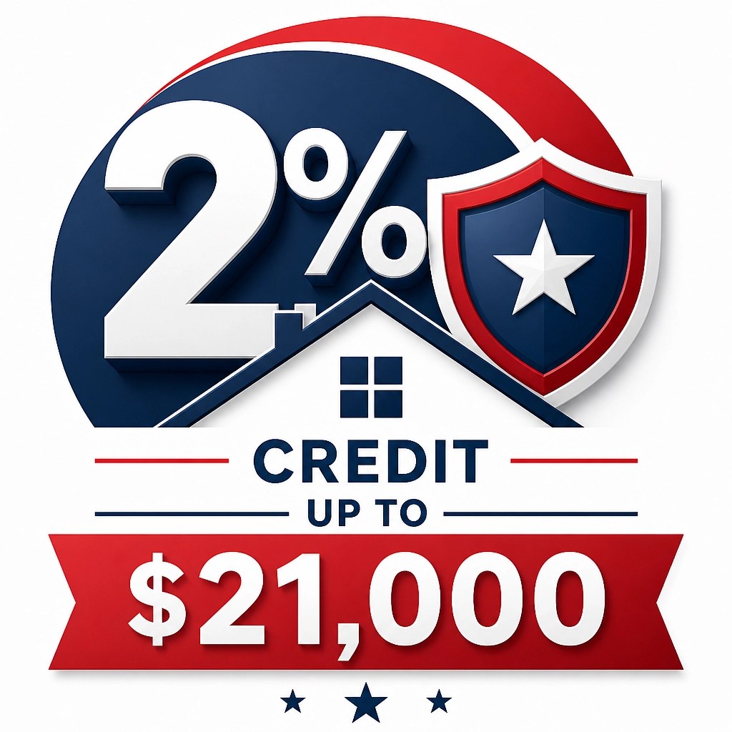 A modern shield and house icon representing the 2% credit up to $21,000