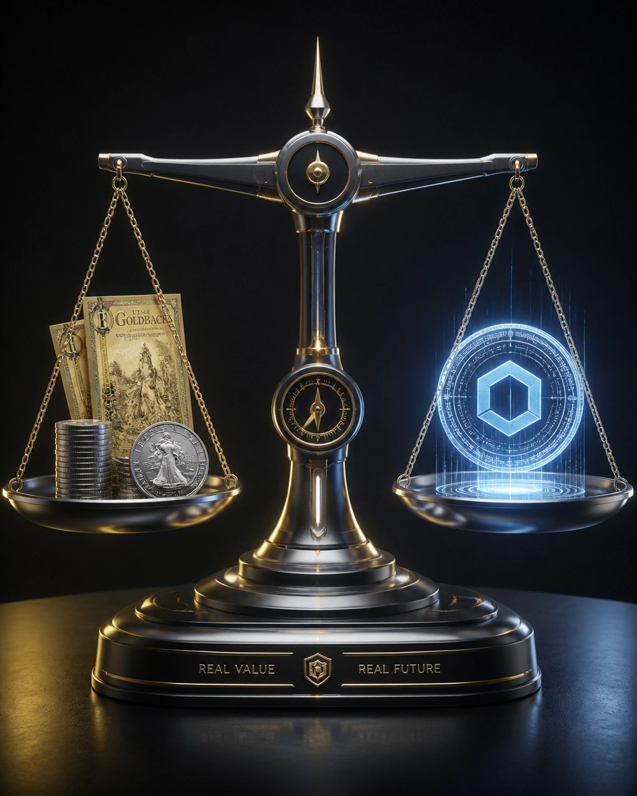 A futuristic metallic scale balancing physical gold and holographic tokens