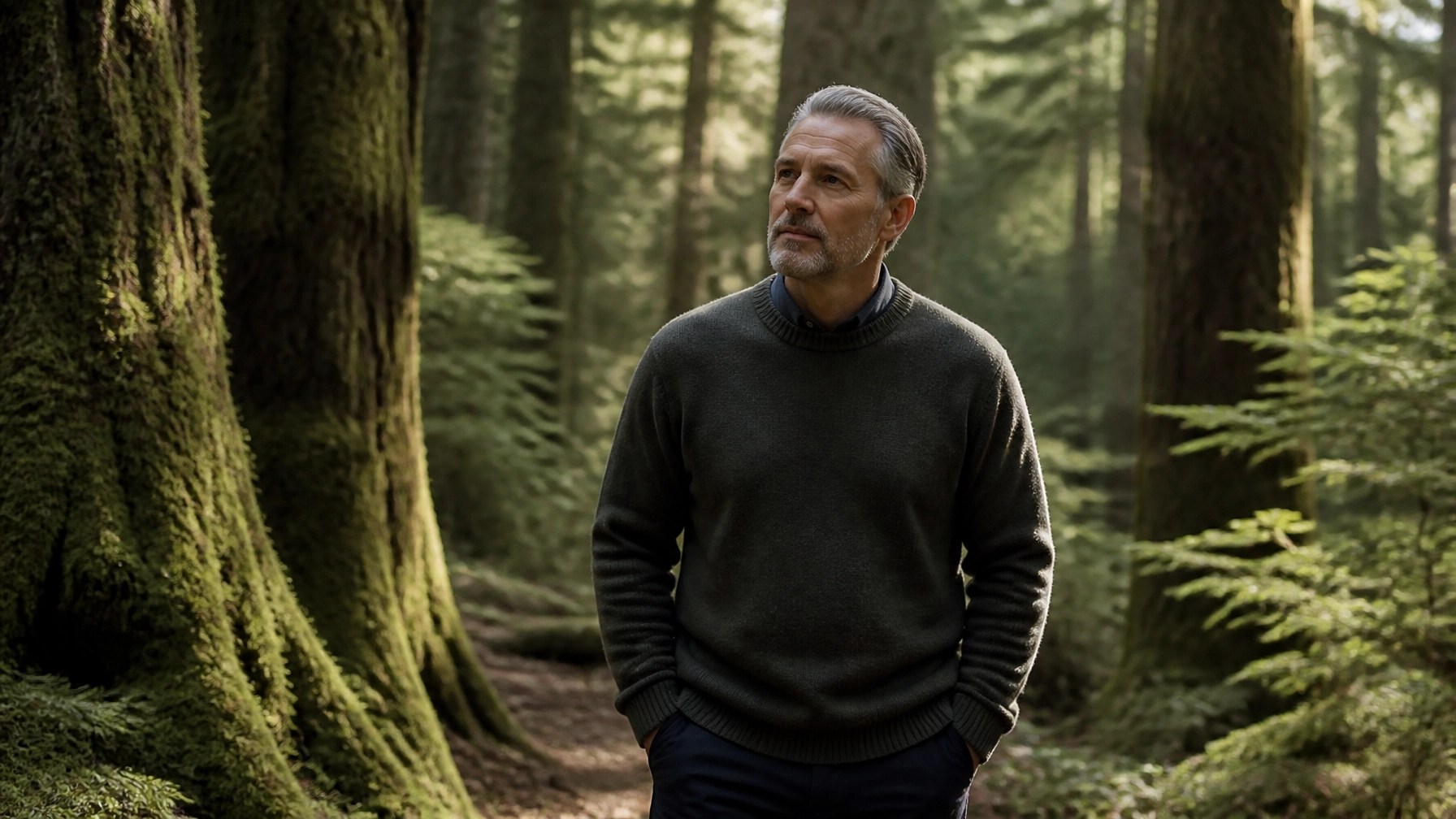 An executive walking through a quiet forest, reflecting on clarity and the value of a grounded perspective in an automated world.