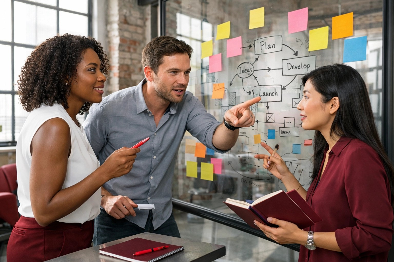 Professional team collaborating on operational process maps in a modern office to streamline business scaling.