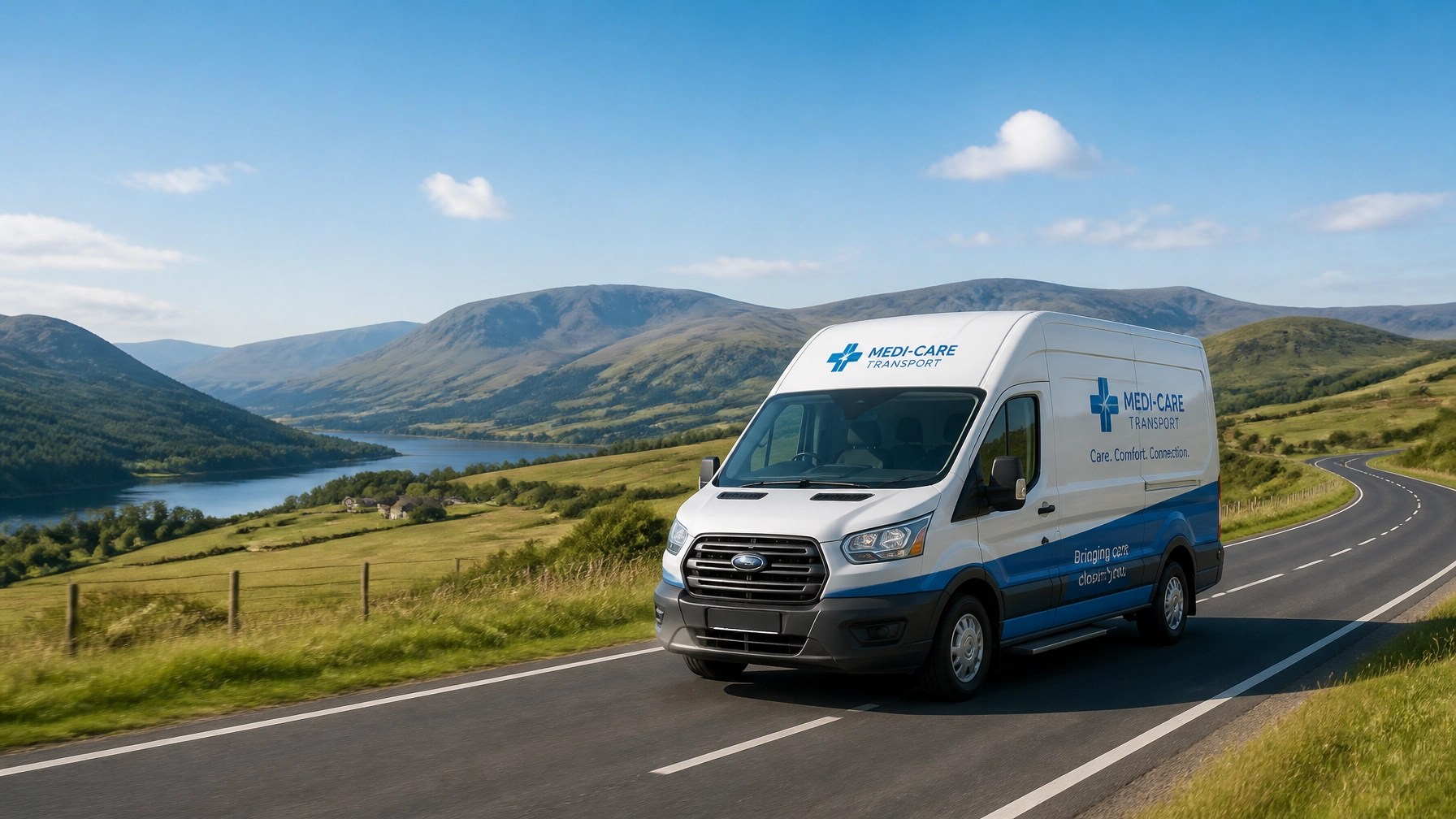 A Swift Ryde vehicle driving through a scenic rural landscape