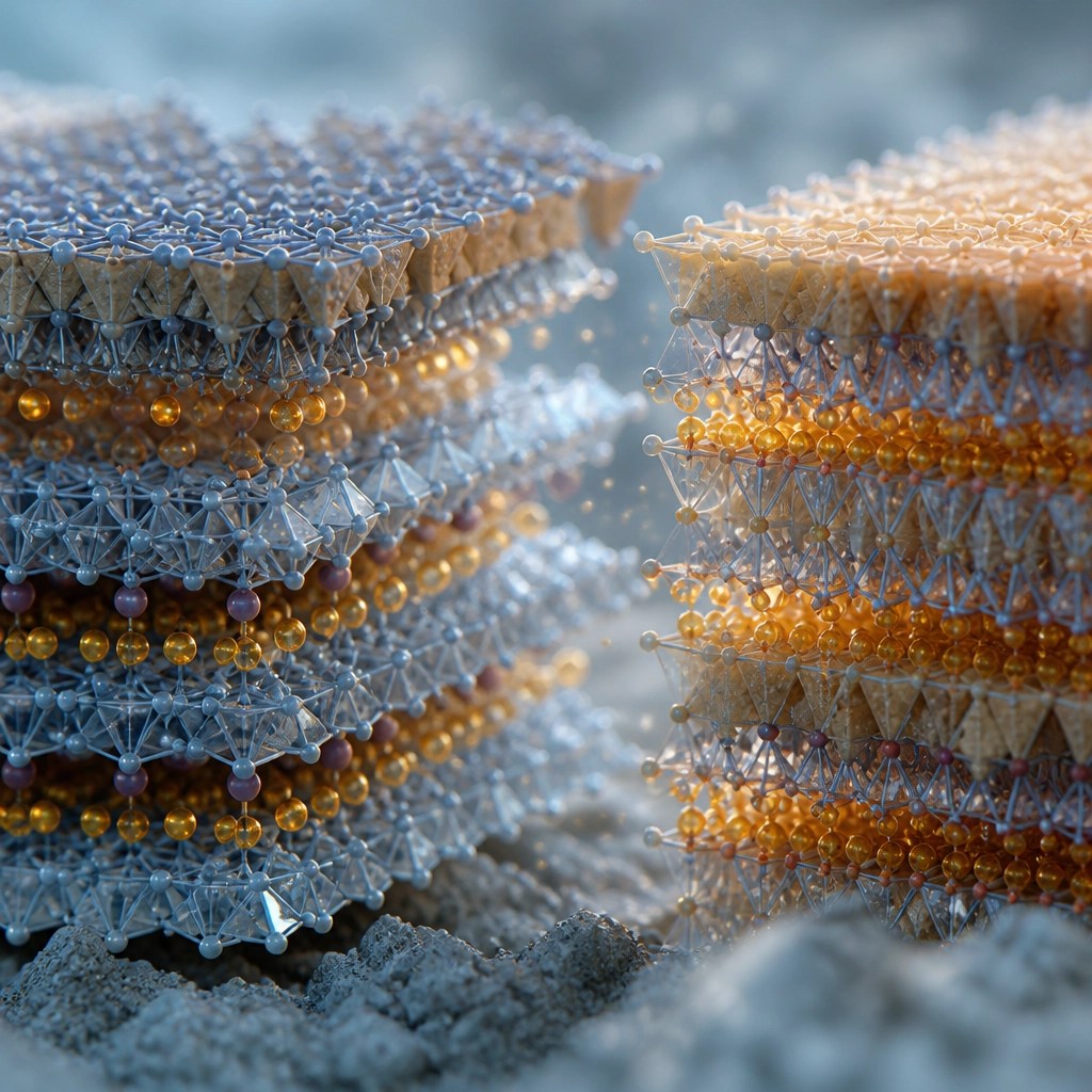 3D rendering of clay mineral structures showing a layered crystalline lattice