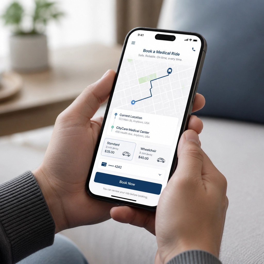 A person using the Swift Ryde mobile app to book a medical ride quickly.