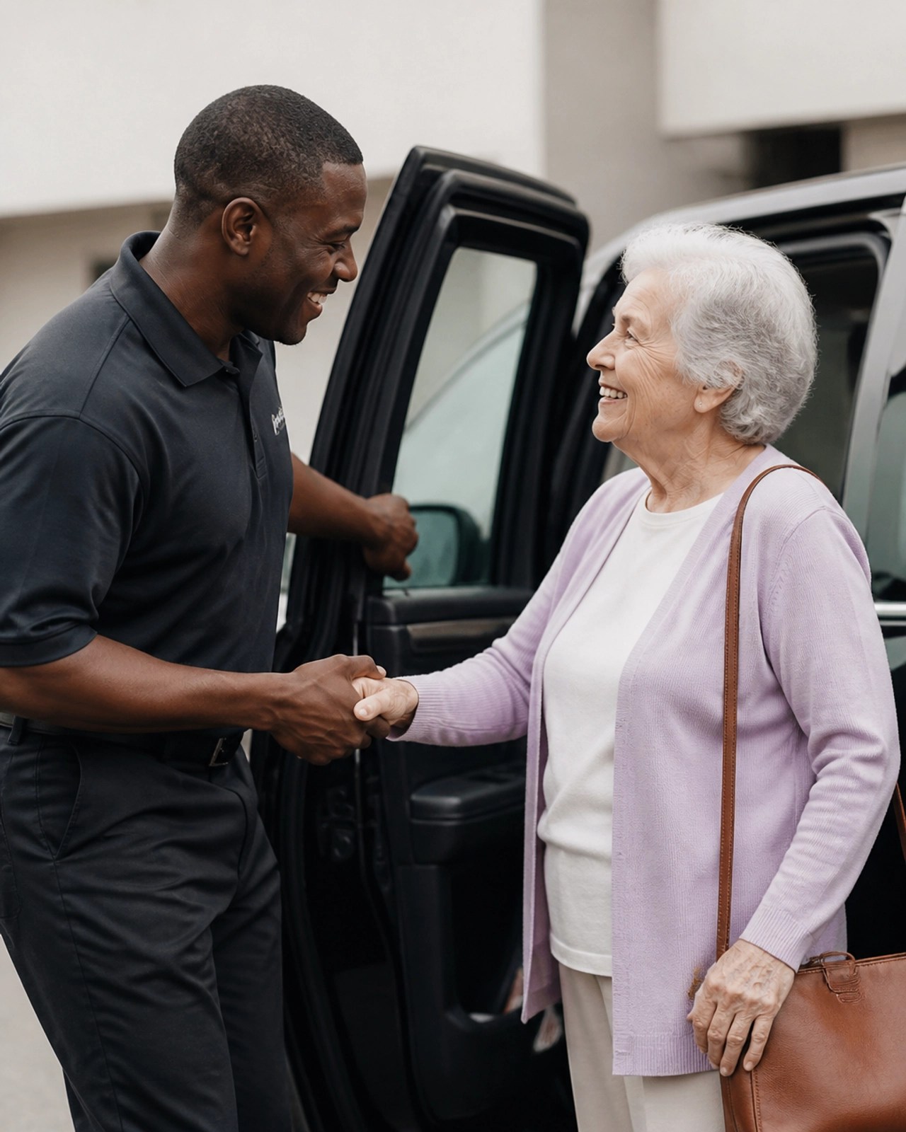 A professional driver and an elderly patient sharing a respectful, friendly moment