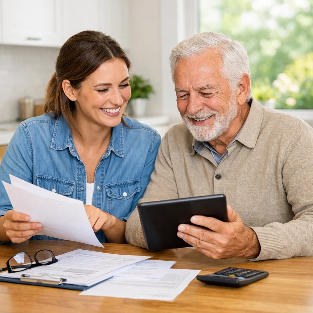 Adult daughter and aging father planning together to ensure affordable funeral insurance and financial stability.