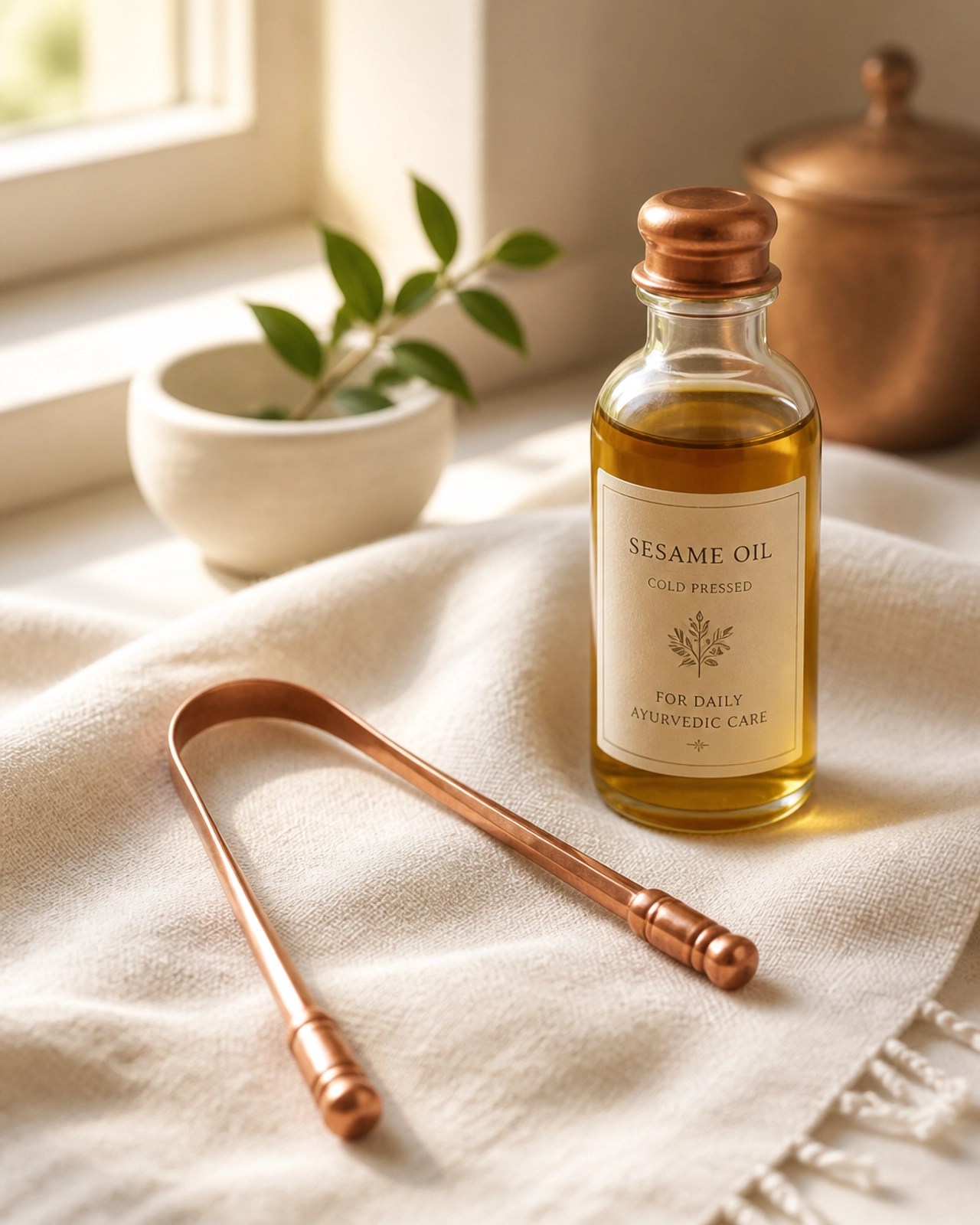 A tranquil close-up of Ayurvedic morning ritual objects, including a copper tongue scraper and sesame oil, representing purity and self-care.