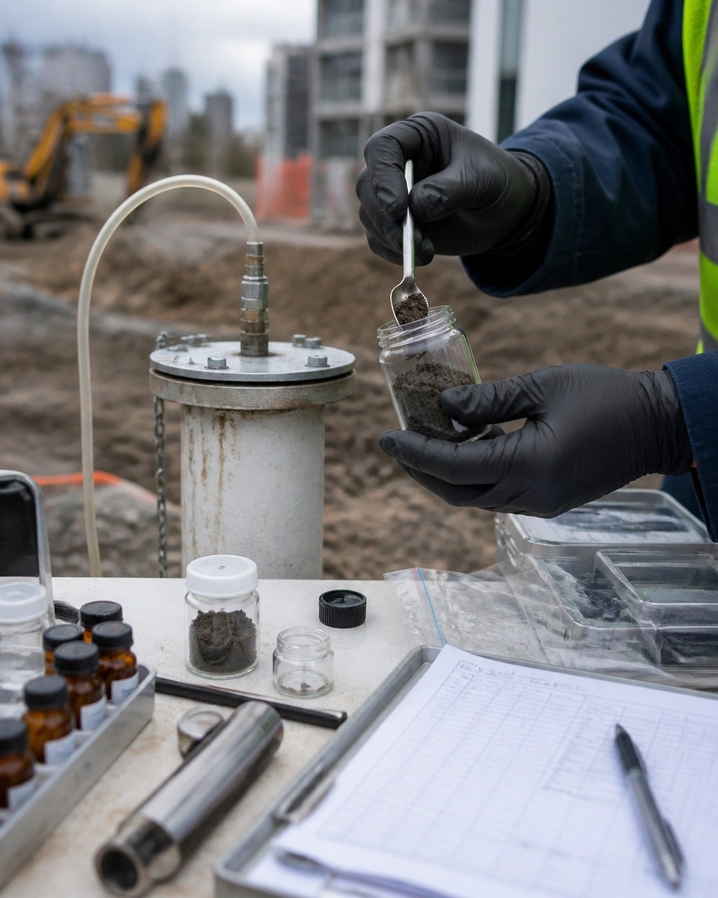 Environmental professional collecting soil and vapor samples beside a monitoring well at an urban remediation site