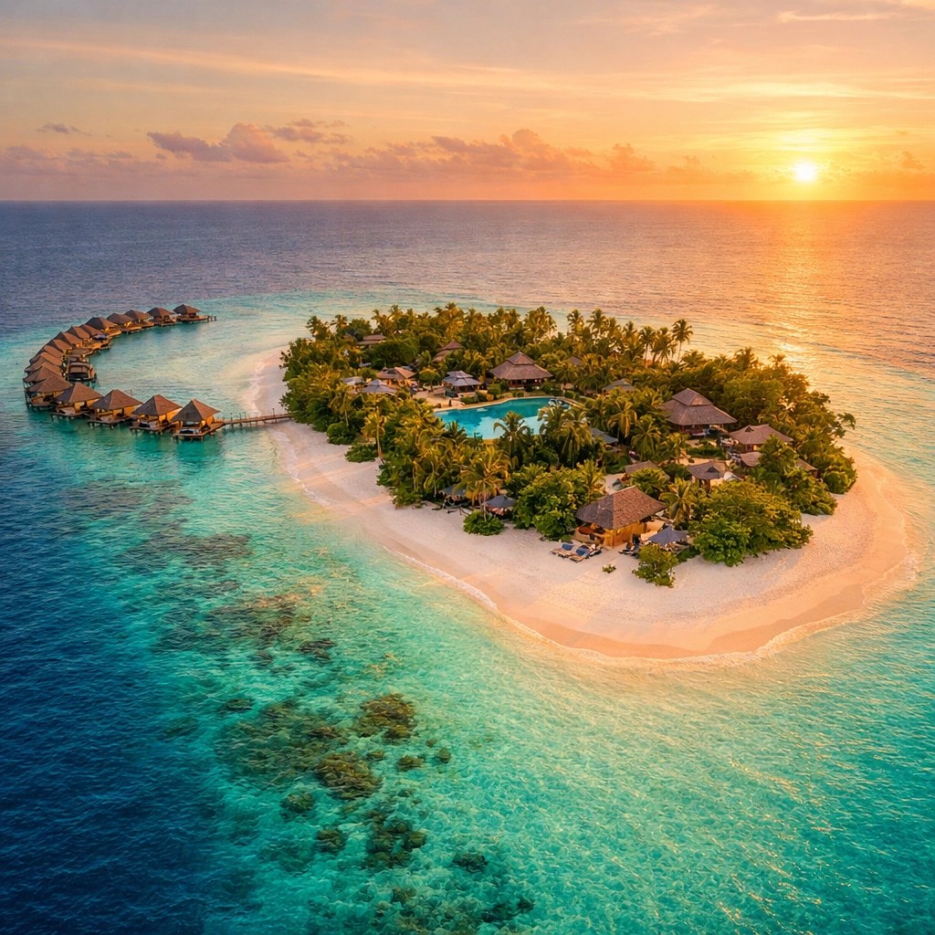 Aerial view of exclusive private island resort with overwater bungalows and pristine beaches