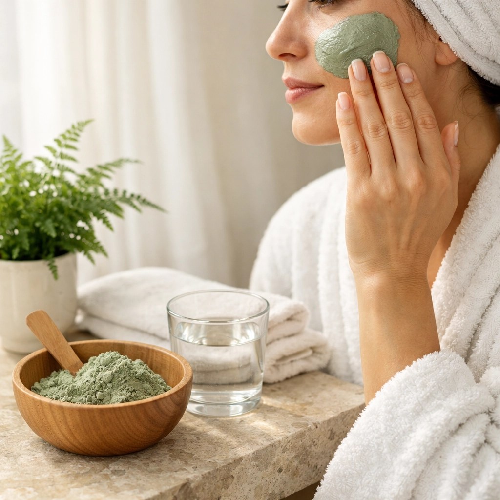 A person applying a smooth green clay face mask as part of a natural detox skincare routine.