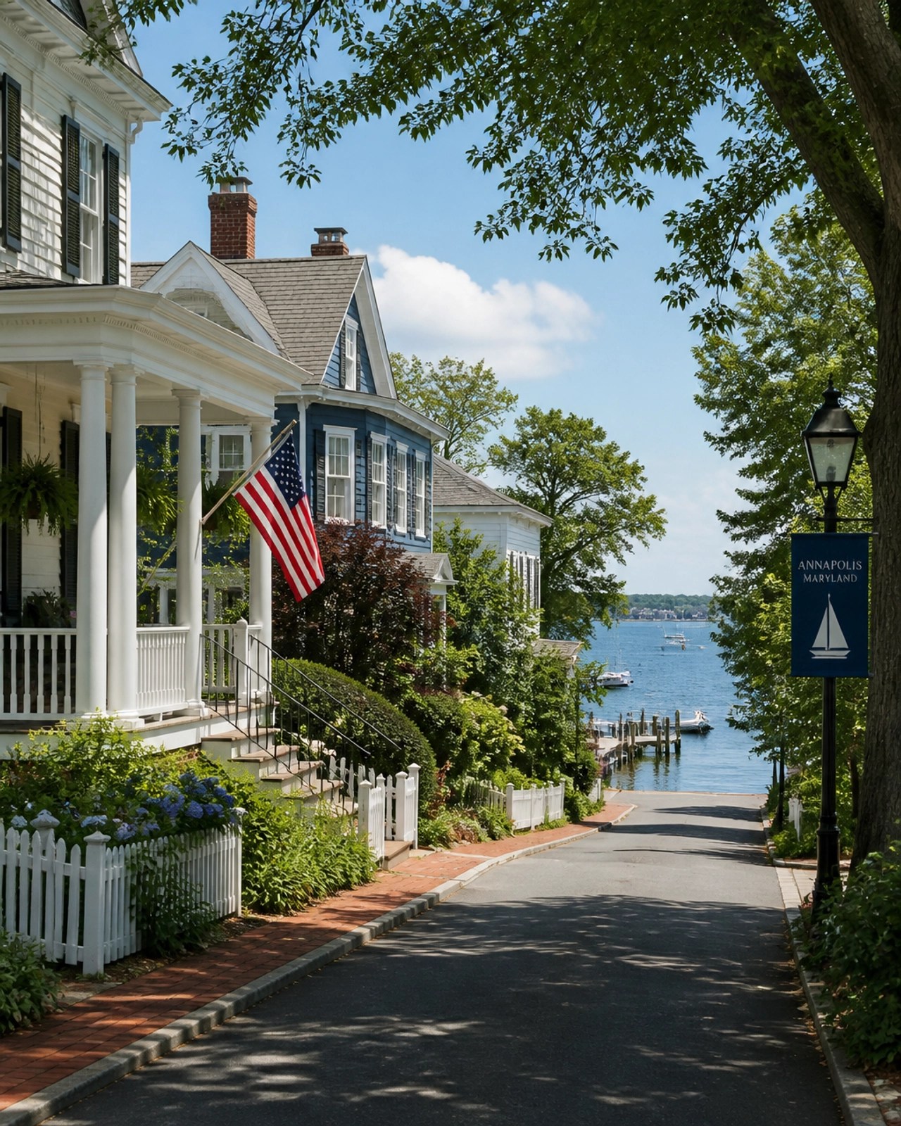A scenic view of a residential street in Severna Park near the Chesapeake Bay.