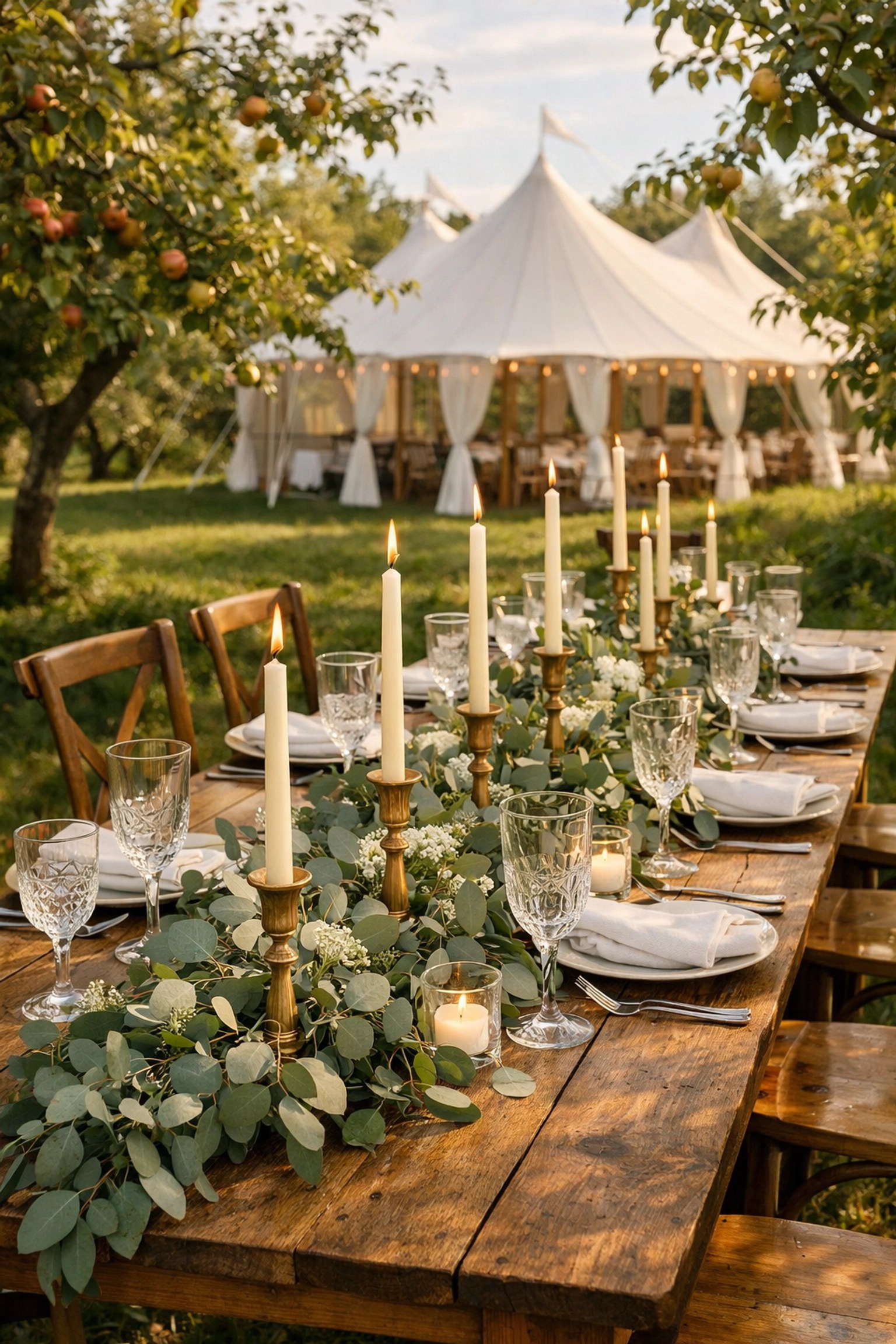 Rustic banquet table set for a wedding reception in a beautiful Kentish orchard near a marquee.