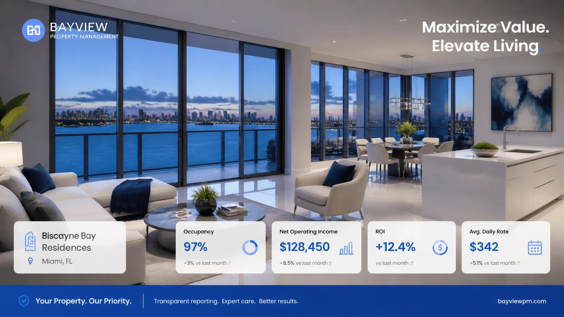 High-resolution professional photography of a Miami luxury interior with data overlays