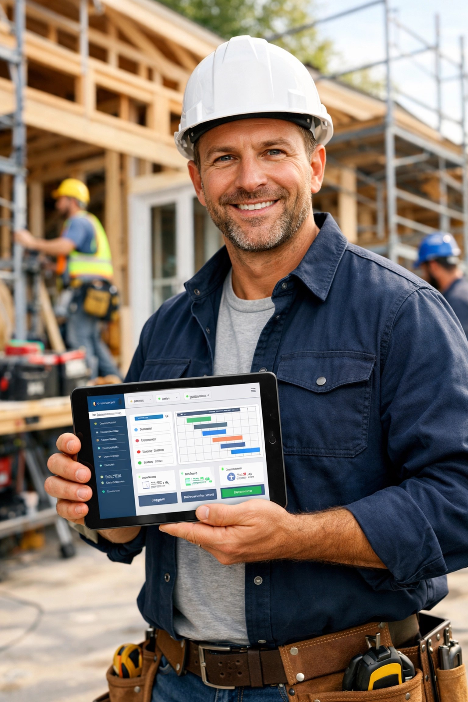 Entrepreneur général à Trois-Rivières utilisant une tablette pour la gestion de projet.