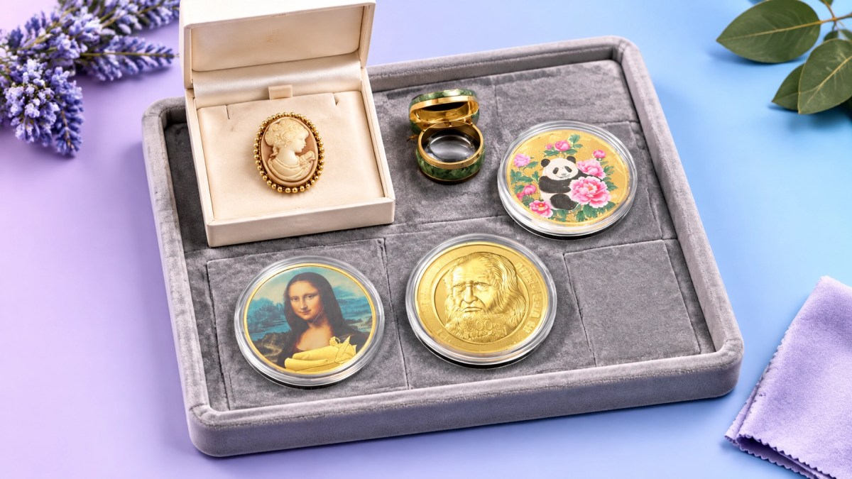 Vintage brooch and coin inspection tools arranged for pre-bid review