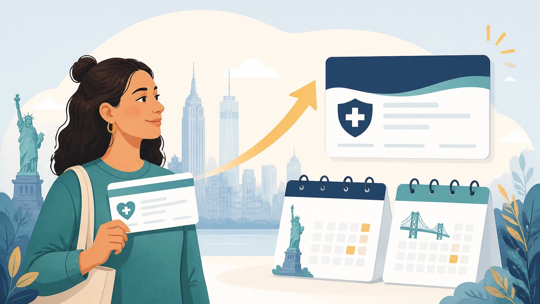 Illustration showing a New York resident transitioning from Essential Plan coverage to a Qualified Health Plan