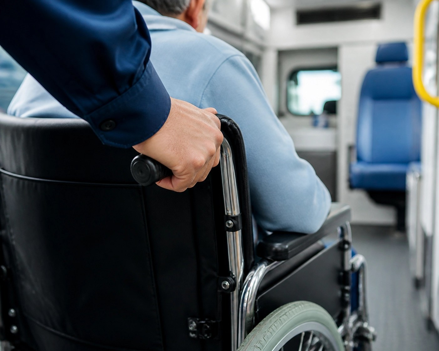Close-up of a professional driver assisting with a wheelchair-accessible medical ride.