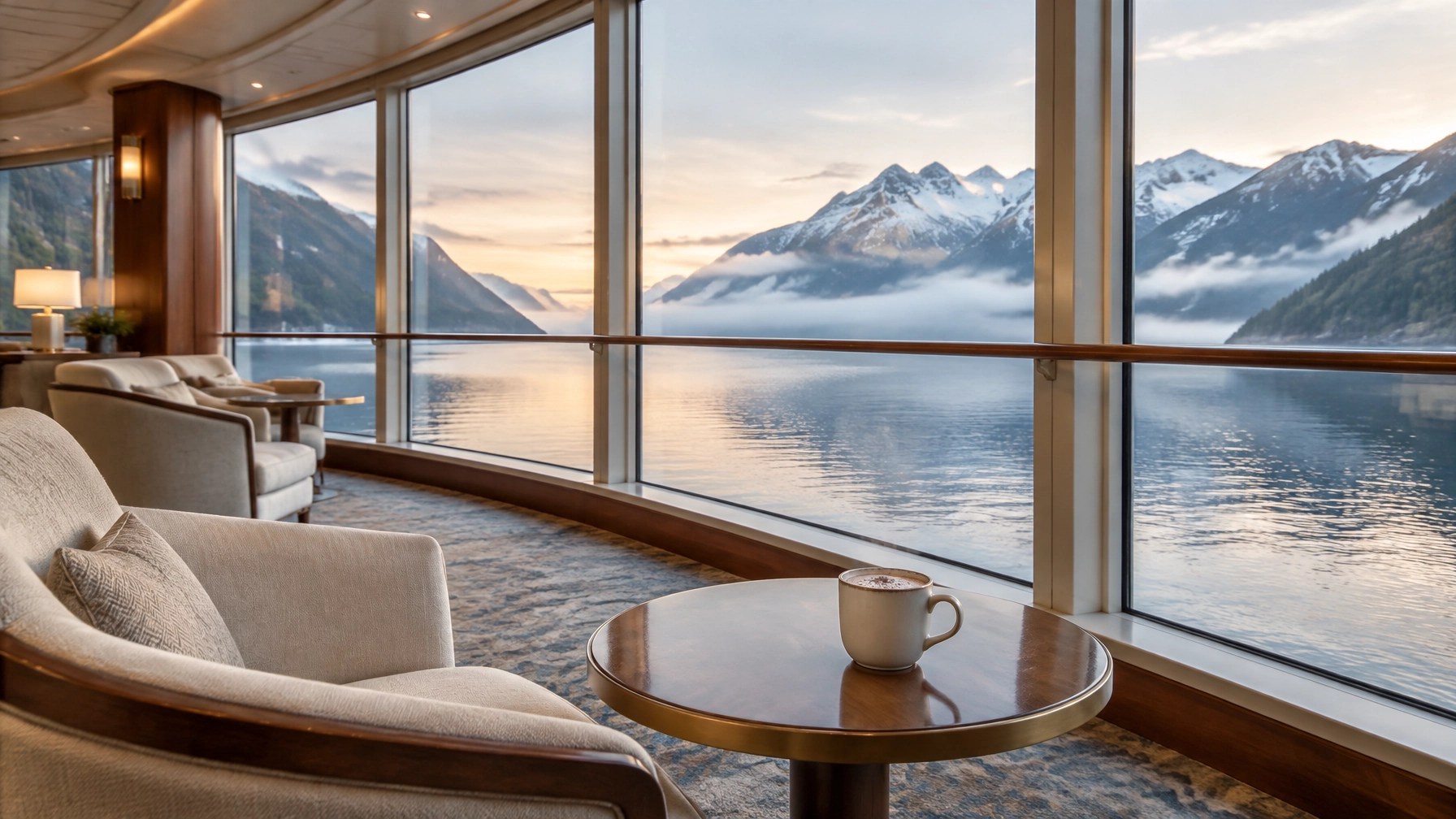 An empty observation lounge with a warm drink beside broad windows overlooking a misty Alaskan fjord