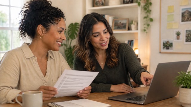 Two professional services colleagues reviewing a proposal and project timeline