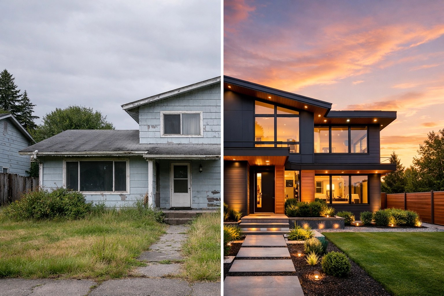 Before and after comparison of a distressed property and a fully renovated house illustrating ARV potential.