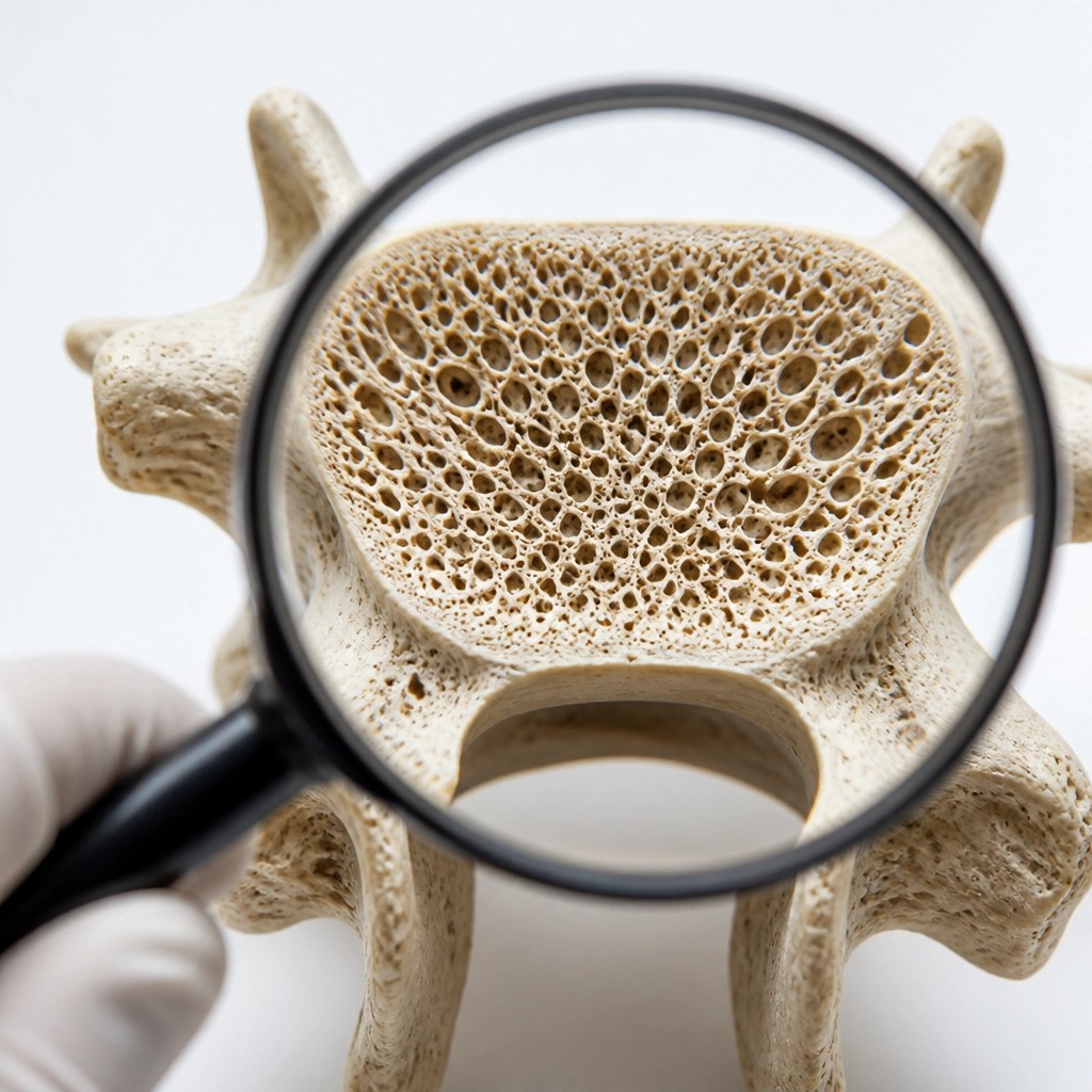 A clinical magnifying glass highlighting the dense, healthy network of a spinal vertebra