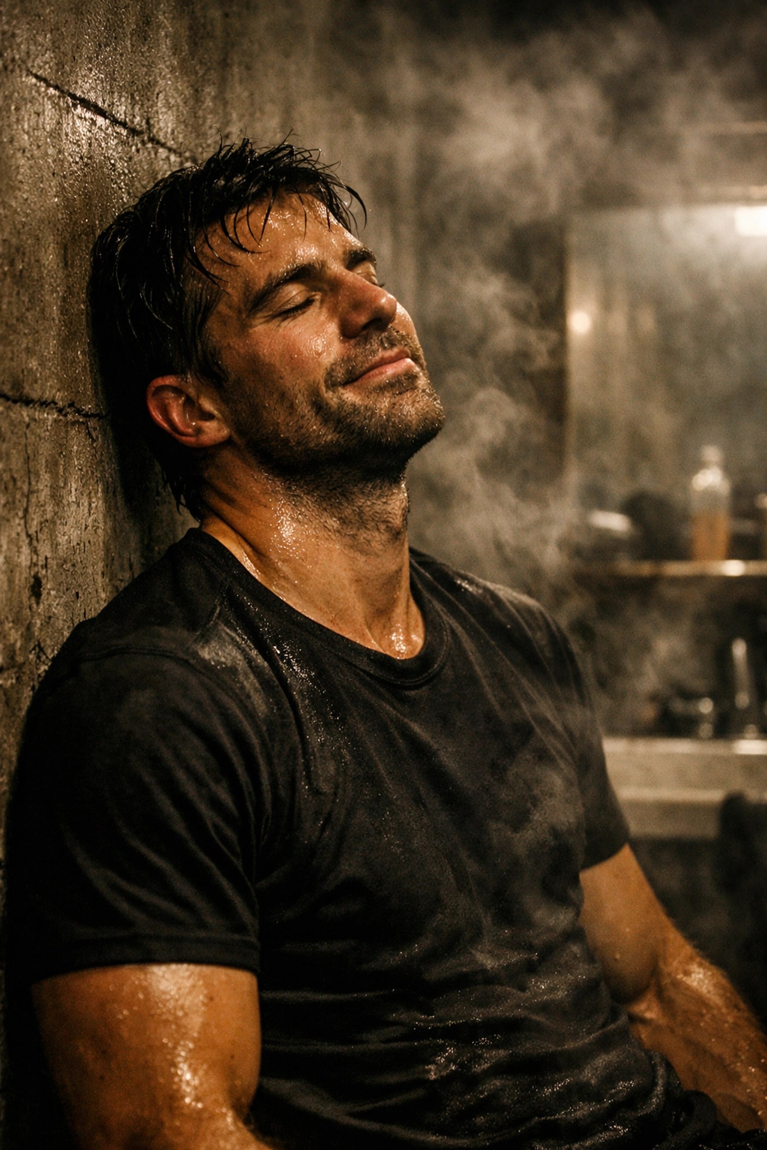 Tired athlete finding relief in an industrial washroom after a high-intensity recovery session.