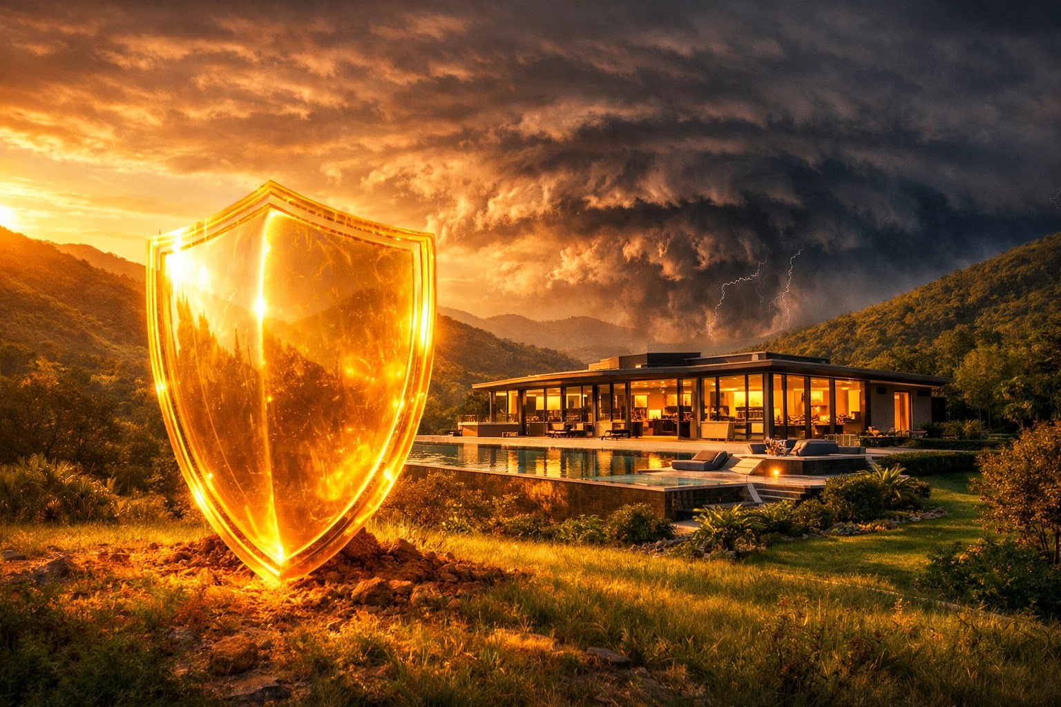 A golden shield protecting a luxury home, symbolizing asset protection and a complex trust securing a family legacy.