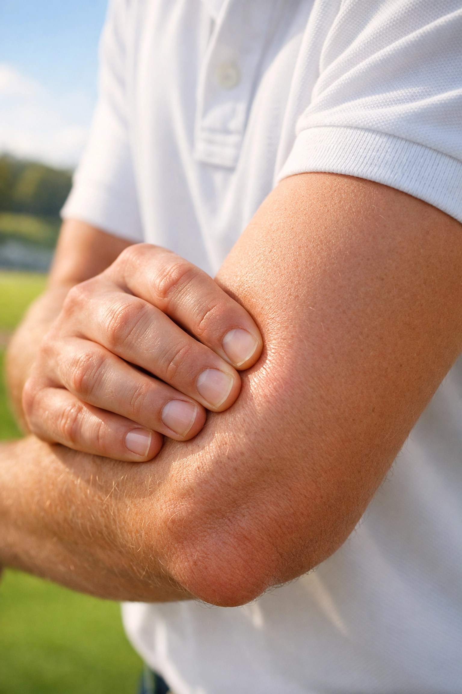 A golfer touching their inner elbow to show golfer's elbow pain symptoms while on a sunny golf course.