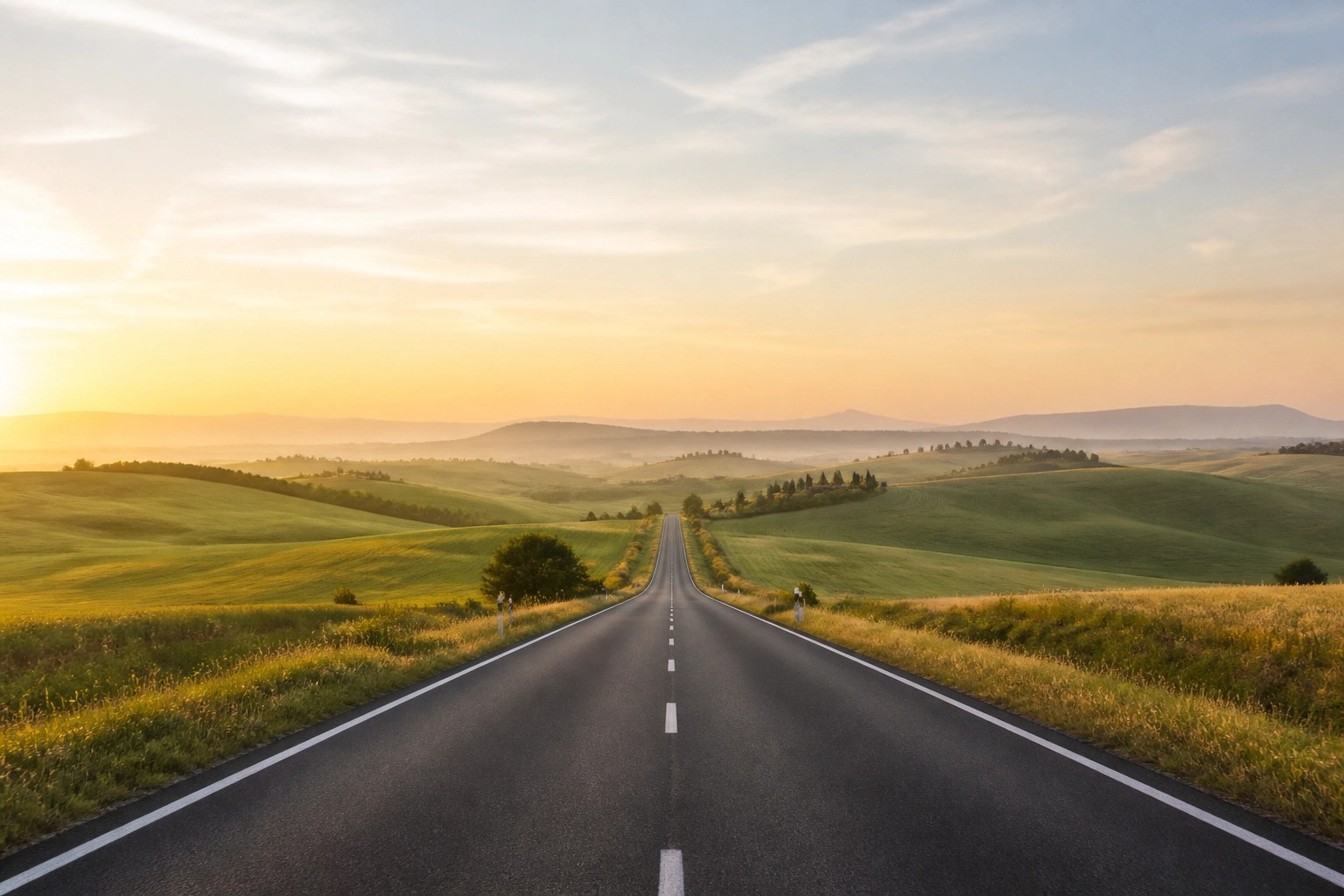 A long paved road winding through rural hills, representing the distance barrier to healthcare access.