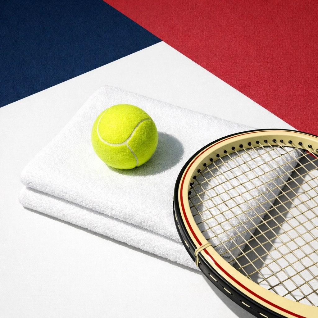 Minimalist tennis racket and ball on a clean towel symbolizing athletic preparation and team dedication.