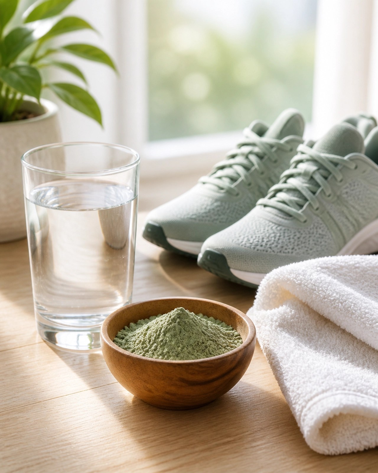 Healthy lifestyle scene with green clay and running shoes