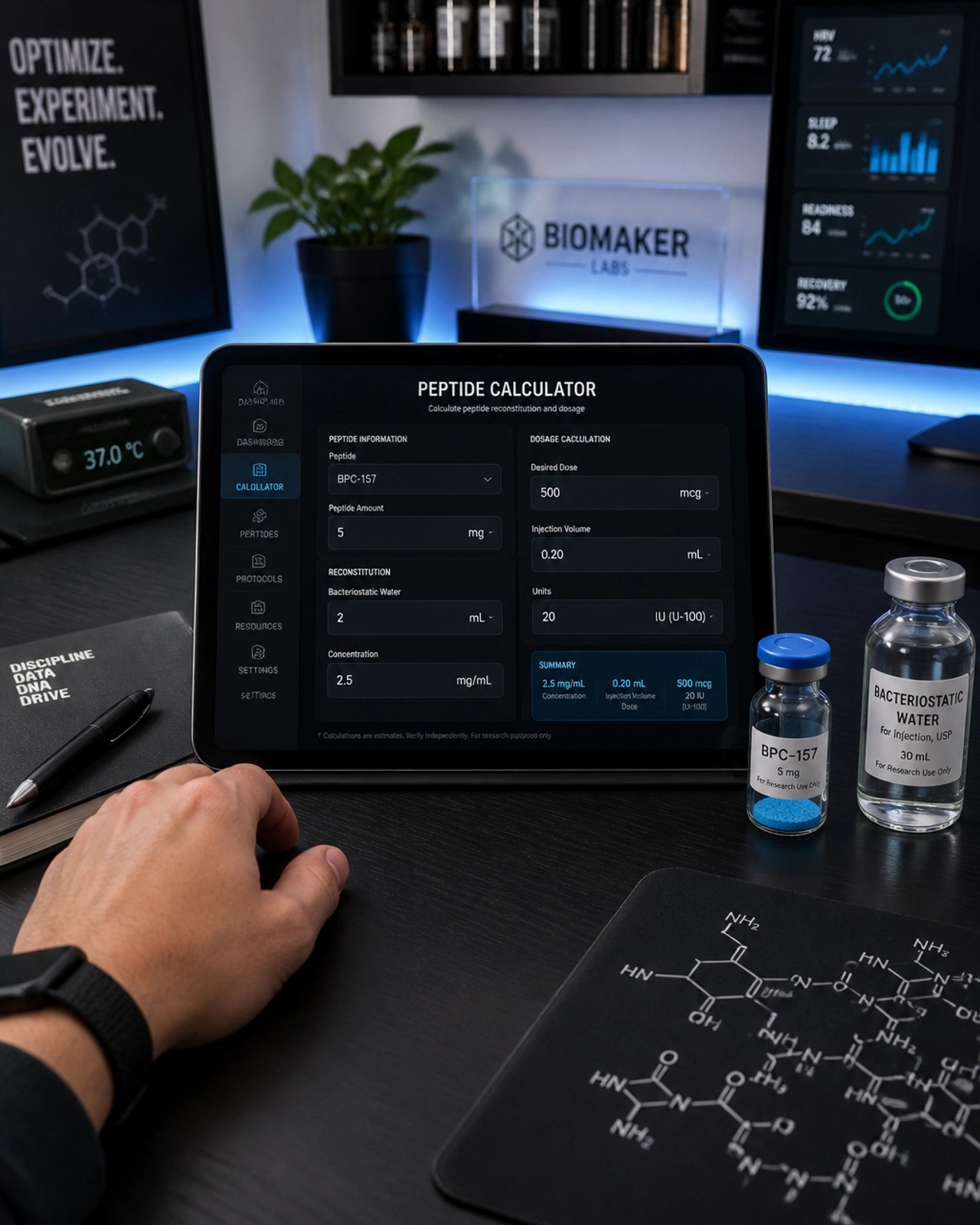 A modern biohacker's desk with a tablet showing the WeightLossChems Peptide Calculator next to a blue peptide vial.