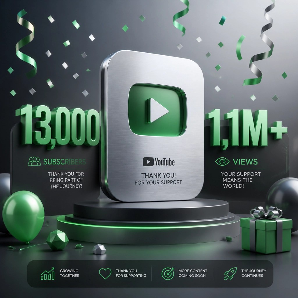 YouTube 13,000 subscribers and 1.1M views milestone celebration