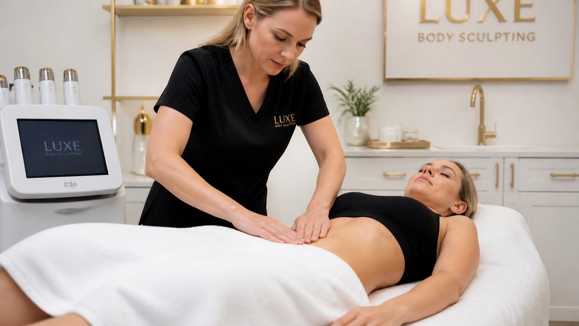 Therapist performing manual lymphatic drainage after cavitation treatment in a white and gold Minneapolis clinic