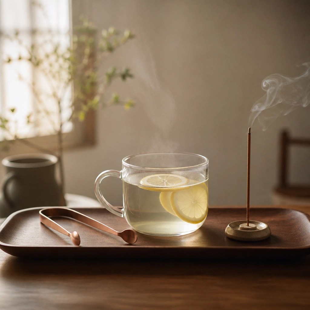 A tranquil morning setup for Dinacharya, including a tongue scraper and a glass of warm lemon water.