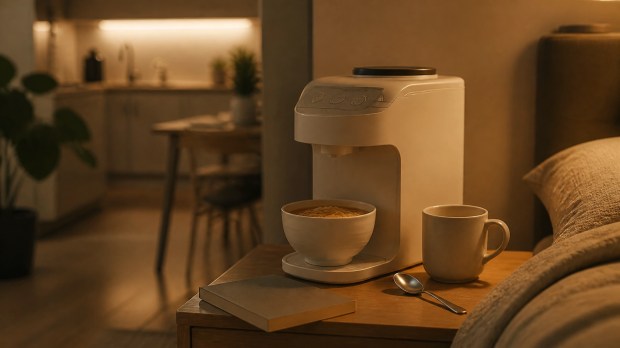 A simple coffee mug, notebook, and ramen appliance arranged on an upscale bedside tray