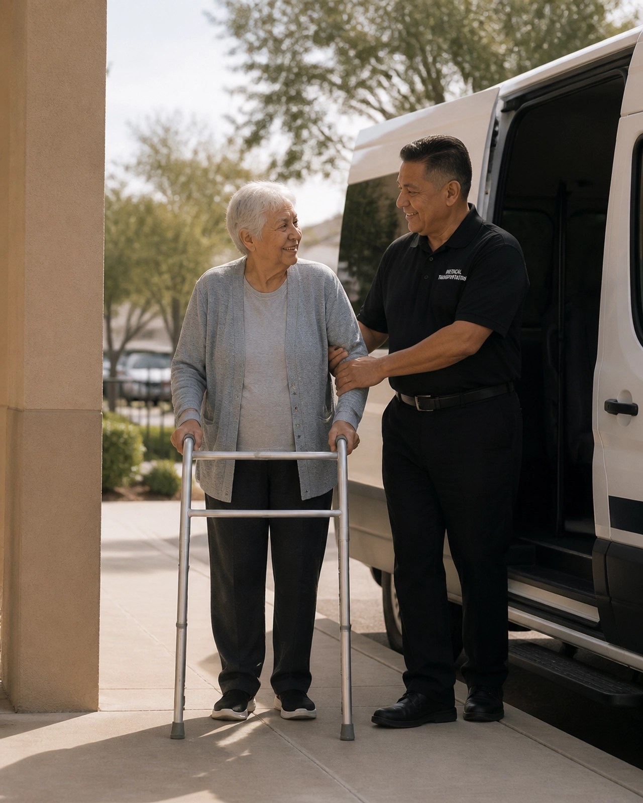 A professional driver assisting a patient with a walker, demonstrating door-to-door care.